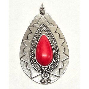 New‎ Bohemian Silver Tone Teardrop Pendant Only Red Stone Intricate Design 2.66"